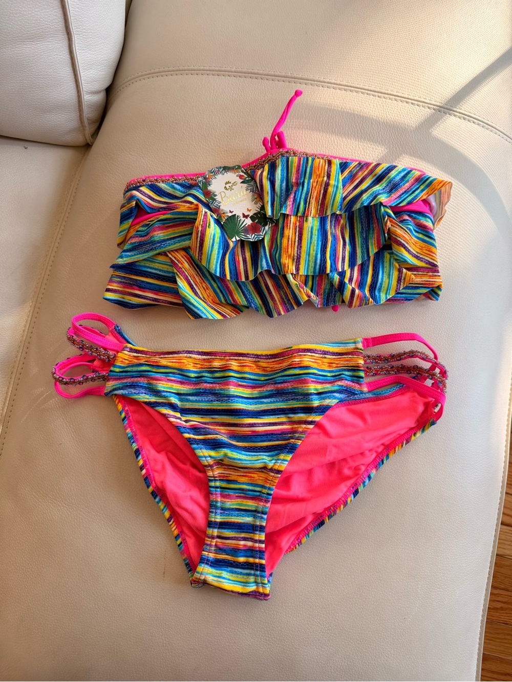 Women Rainbow Stripe Ruffle Colombian Bikini - Pink Accent